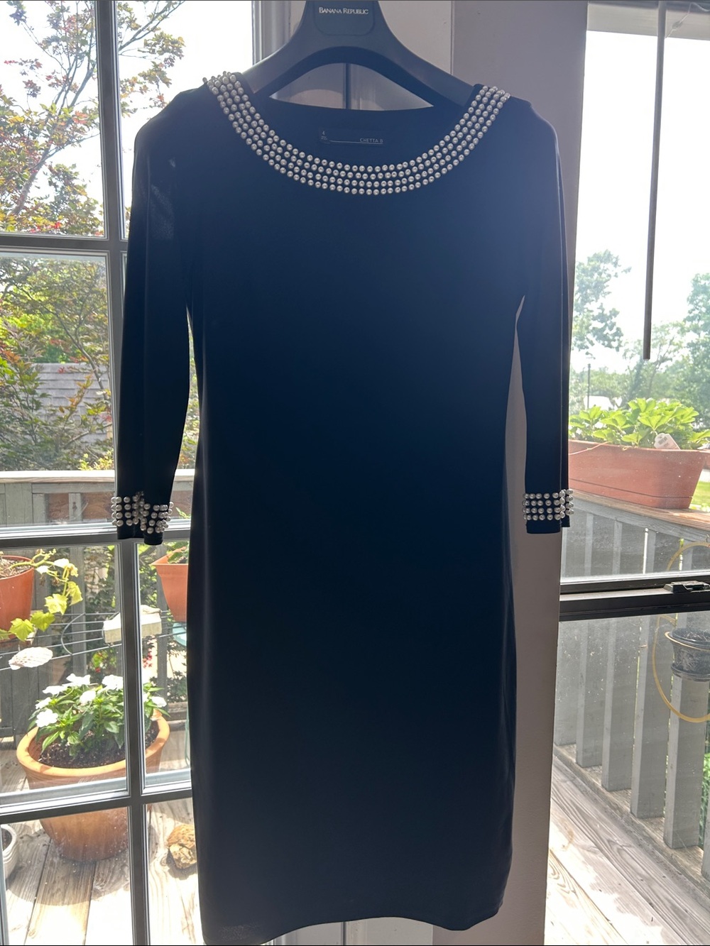 Nordstroms Black Midi Dress with Pearl Trim Accents